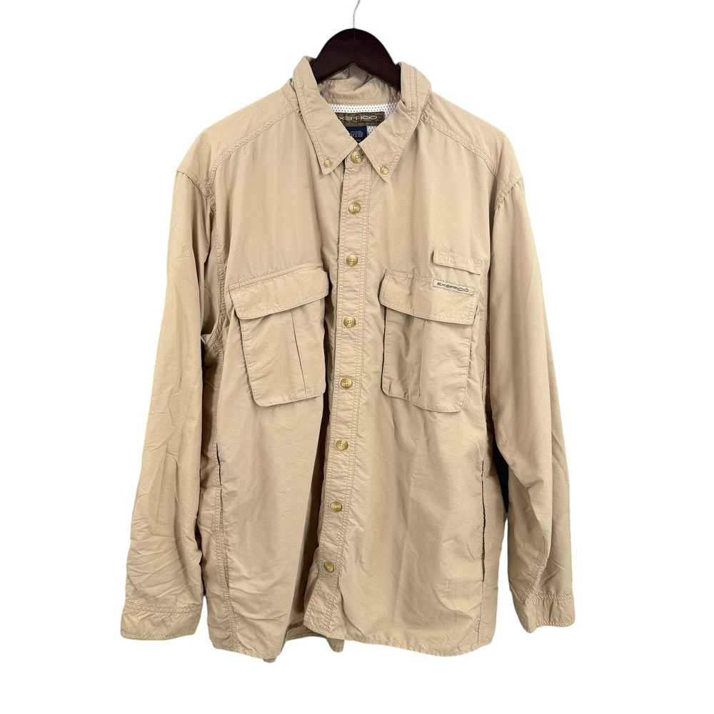 ExOfficio Adventure Fishing‎ Shirt Mens XL Tan Long Sleeve Vented Cargo Pockets